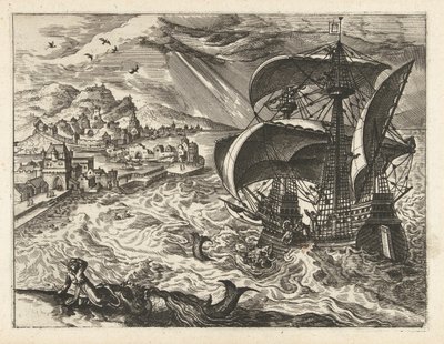 Zeegezicht met Jona en de walvis door Joannes van Doetechum (I) (attributed to)