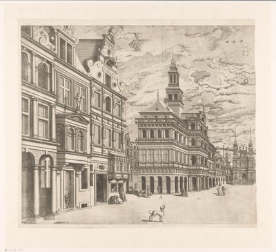 Gezicht op een plein met monumentale bouwwerken door Joannes van Doetechum (I)