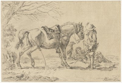 Ruiter naast pissend paard door Joannis Jacobus Bijlaert