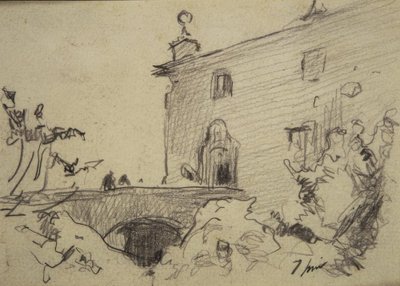 Toegang over een brug naar het paleis door Joaquim Mir i Trinxet