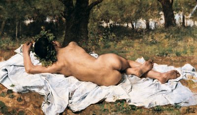 "Jonge Bacchus" Bacchus van achteren liggend op een blad in het gras. Schilderij door Joaquin Agrasot y Juan (1836-1919) Rond 1872 Valencia. Museum van Schone Kunsten San Pio V. door Joaquin Agrasot y Juan