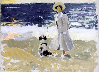 Dame en Hond op het Strand door Joaquín Sorolla