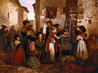 Kinderen spelen in de religieuze processie, schilderij door Joaquim Vayreda y Vila door Joaquin Vayreda