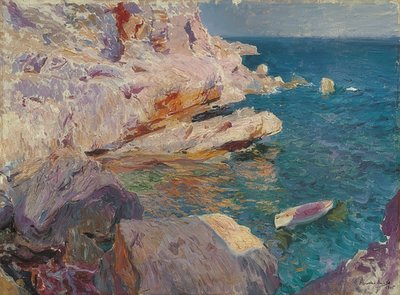 Rotsen van Jávea met witte boot door Joaquín Sorolla