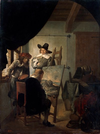 Bezoek in een atelier door Job Adriaensz Berckheyde