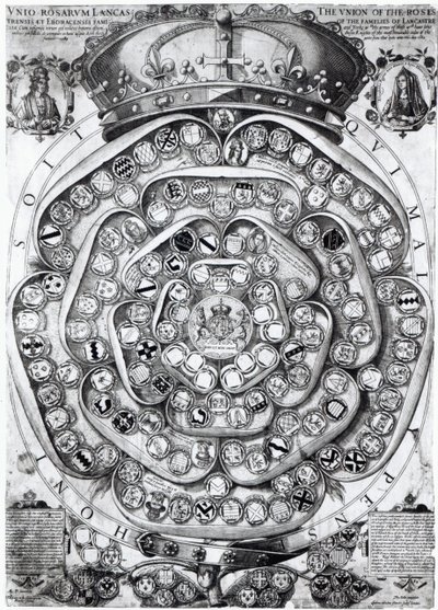 De Vereniging van de Rozen van de Families Lancaster en York, 1589 door Jodocus Hondius