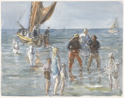 Dame wordt door twee vissers van een boot naar het land gedragen door Johan Antonie de Jonge