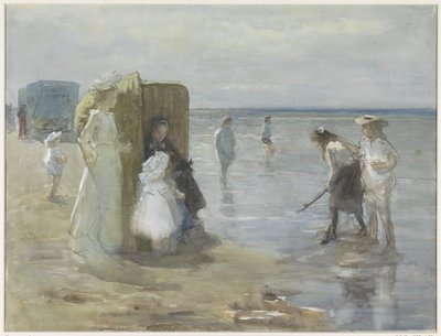 Gezicht langs de vloedlijn aan het Scheveningse strand, met twee dames en kinderen door Johan Antonie de Jonge