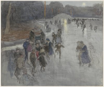 IJsvermaak bij maanlicht, op een bevroren vijver in het Haagse Bosch door Johan Antonie de Jonge