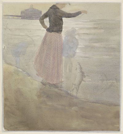 Vrouw met twee kinderen en een hondje aan het strand door Johan Antonie de Jonge