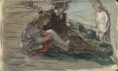 Vrouw met twee kinderen langs de waterkant door Johan Antonie de Jonge