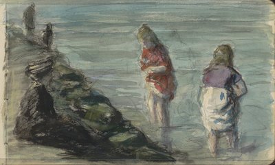 Vrouw met twee kinderen langs de waterkant door Johan Antonie de Jonge