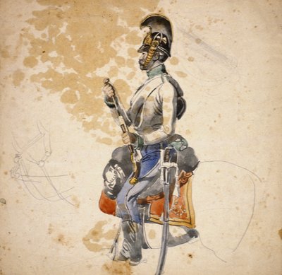Een soldaat van het 5e Dragonderregiment die zijn pistool herlaadt, 1840-1850 door Johan Baptiste Heinefetter