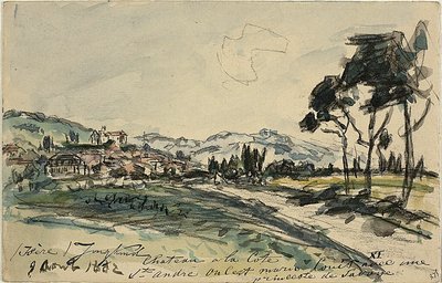 Chateau, Cote Saint Andre (recto) Lege kar en schuur met andere schetsen (verso) door Johan Barthold Jongkind