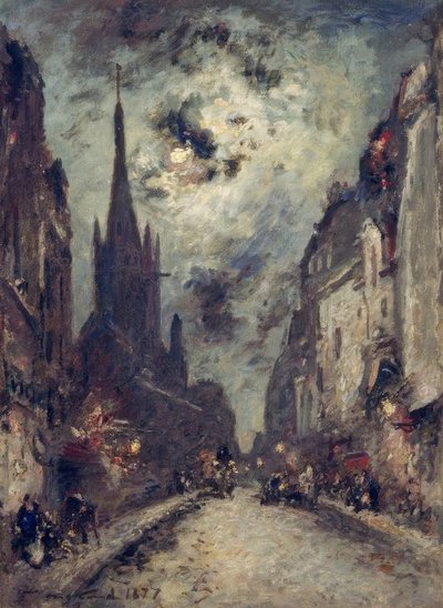 De Rue St. Jacques met de kerk St. Séverin bij maanlicht door Johan Barthold Jongkind