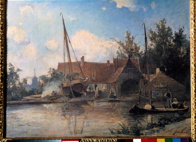 Nederlands landschap met een groot schip dat wordt gekalefaterd door Johan Barthold Jongkind