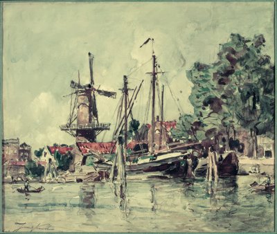 In Holland, de boten bij de molen door Johan Barthold Jongkind