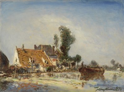 Huizen aan een waterweg bij Crooswijk door Johan Barthold Jongkind