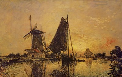 In Holland, Boten bij een Windmolen, 1868 door Johan Barthold Jongkind