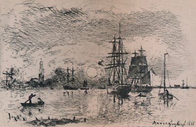 Zonsondergang in de Haven van Antwerpen door Johan Barthold Jongkind