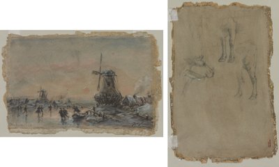 Gezicht op Arnhem (recto) Studies van een Stier (verso) door Johan Barthold Jongkind