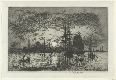 Zonsondergang bij de haven van Antwerpen door Johan Barthold Jongkind