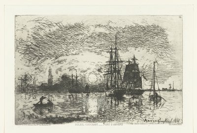Zonsondergang bij de haven van Antwerpen door Johan Barthold Jongkind
