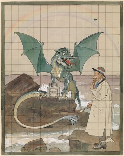 Kunstenaar met draak bij een pot Chinol door Johan Braakensiek