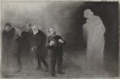 Ontwerp voor illustratie in De Amsterdammer: Het vergeten van Schimmel in de Nieuwjaarswens van de Stadsschouwburg, 13 januari 1907 door Johan Braakensiek