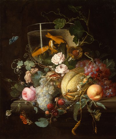 Een Vissenkom, Rozen, Vruchten en Noten met Insecten op een Stenen Rand door Johan Christiaan Roedig