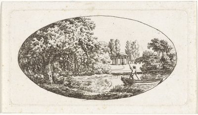 Vijver met aan de overzijde een tempel met beeld door Johan Christiaan Willem Safft
