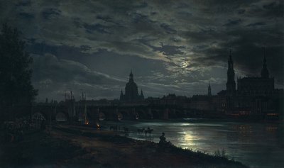 Zicht op Dresden bij Maanlicht, 1839 door Johan Christian Dahl