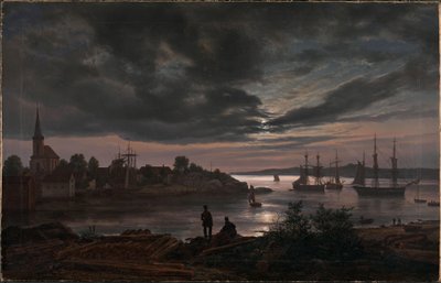 Noors:  Larvik haven bij maanlicht Larvik bij maanlicht door Johan Christian Dahl