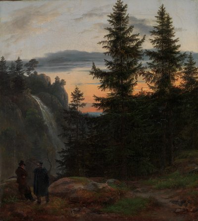Twee Mannen voor een Waterval bij Zonsondergang, 1823 door Johan Christian Dahl