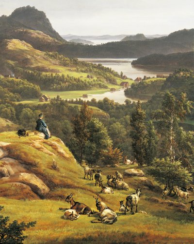 Uitzicht op Lysenkloster bij Bergen, Noorwegen 19e eeuw (details) door Johan Christian Dahl
