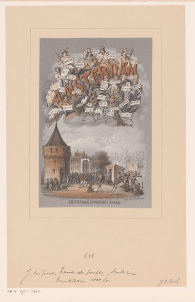 Omslag voor: Amsterdam. Oorsprong en afleiding van de namen der grachten, eilanden, pleinen, straten, stegen, bruggen, sluizen en torens dezer stad door Johan Coenraad Leich