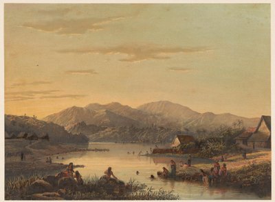 Gezicht op de badplaats Wenditt op Java door Johan Conrad Greive