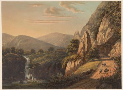 Gezicht op een waterval en landweg in Preanger op Java door Johan Conrad Greive