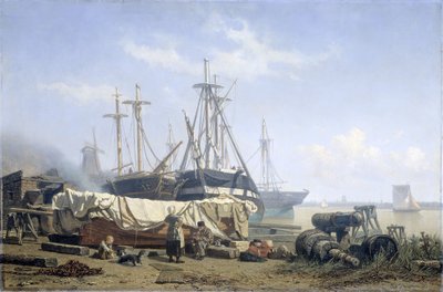 Middagpauze op een scheepswerf aan de Maas door Johan Conrad Greive