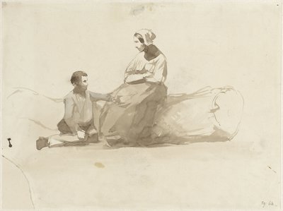 Vrouw op een boomstam en een jongen met een boek door Johan Daniël Koelman