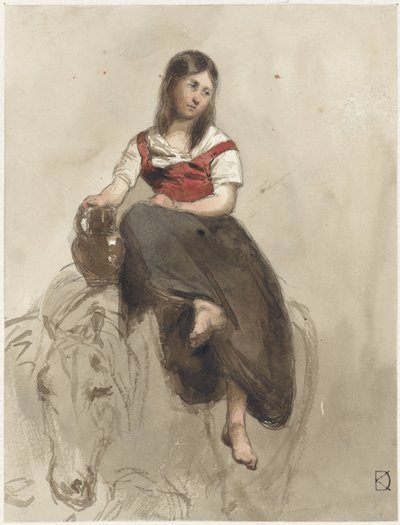 Vrouw op een paard gezeten met kan door Johan Daniël Koelman