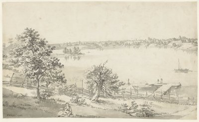 Gezicht op een breed water in de bergen met figuren op de voorgrond door Johan Eric Rehn