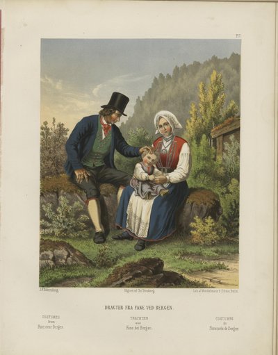 Illustratie uit het boek Geselecteerde Noorse nationale kostuums van onbekende auteur en uitgegeven door Chr. Tønsberg (no, [1861]) door Johan Fredrik Eckersberg