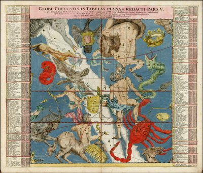 1730 hemelkaart - Globi Coelestis In Tabulas Planas Redacti Pars V door Johan Gabriel Doppelmayr