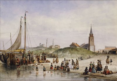 Vissersvolk op een strand met een stad op de achtergrond, 1857 door Johan Gerard Smits