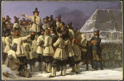 Koning Gustaaf Vasa van Zweden spreekt mannen uit Dalarna toe in Mora door Johan Gustaf Sandberg