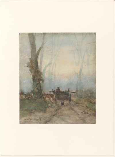 Boerenkar op bosweg door Johan Hendrik Weissenbruch (signed by artist)