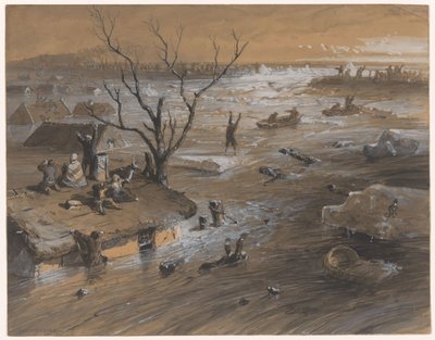 Dijkbreuk te Brakel, 4 januari 1861 door Johan Hendrik Weissenbruch (signed by artist)