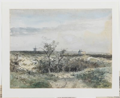 Gezicht op het Dekkersduin, met oude gasfabriek en molen in het verschiet door Johan Hendrik Weissenbruch