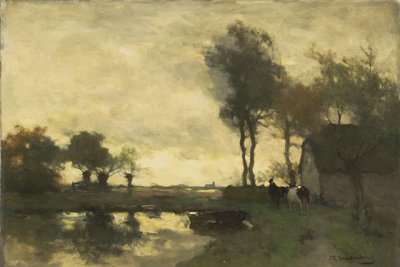 Landschap met boerderij bij een plas door Johan Hendrik Weissenbruch